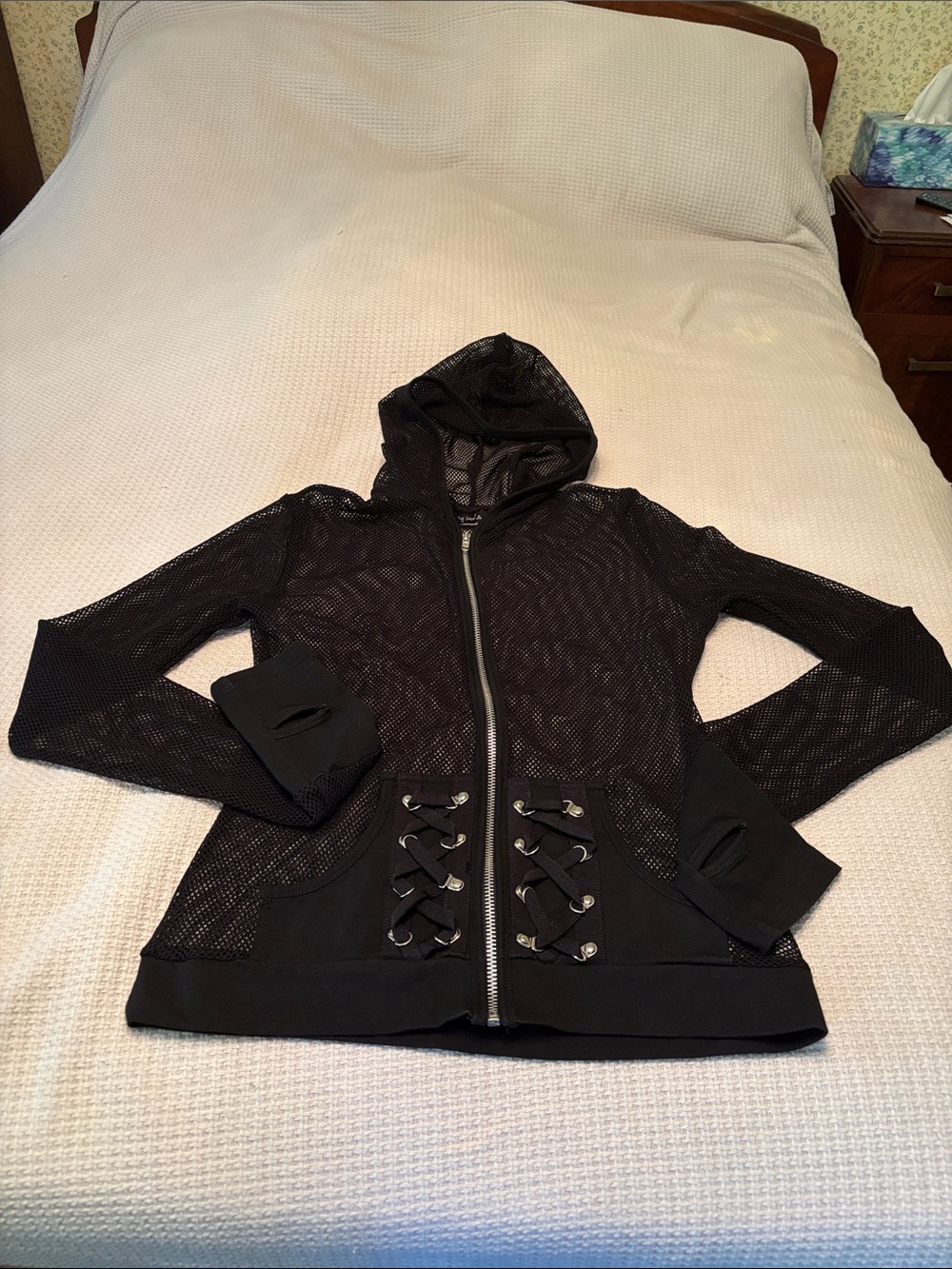 Black Hooded Mesh Zip-Up Jacket with Lace-Up Pockets